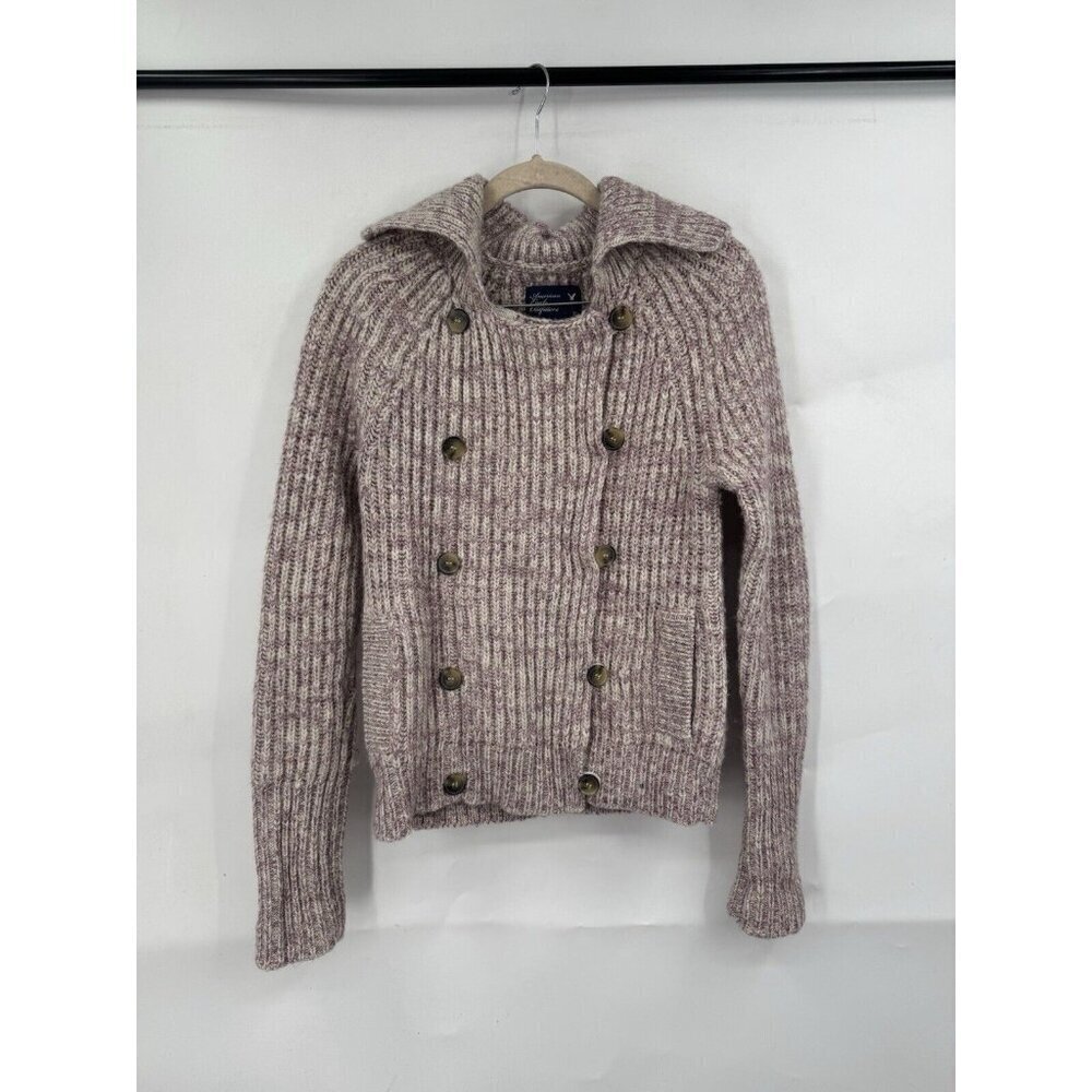 American Eagle Sweater Women Medium Purple Cream Knit Double Breasted Wool Yak